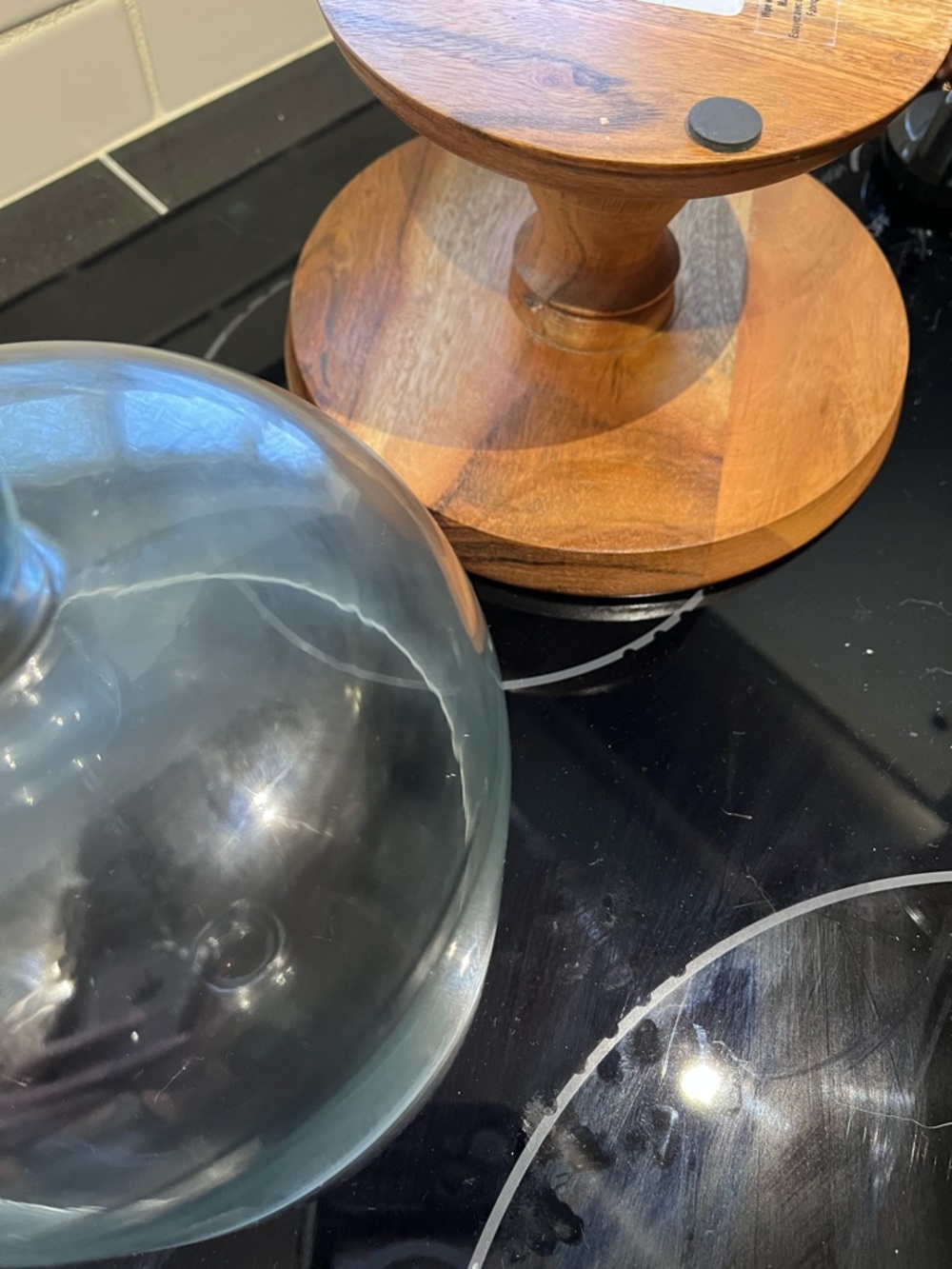 Glass Dome Cake Stand on Wooden Pedestal - Clear & Natural Wood - Picture 3 of 6